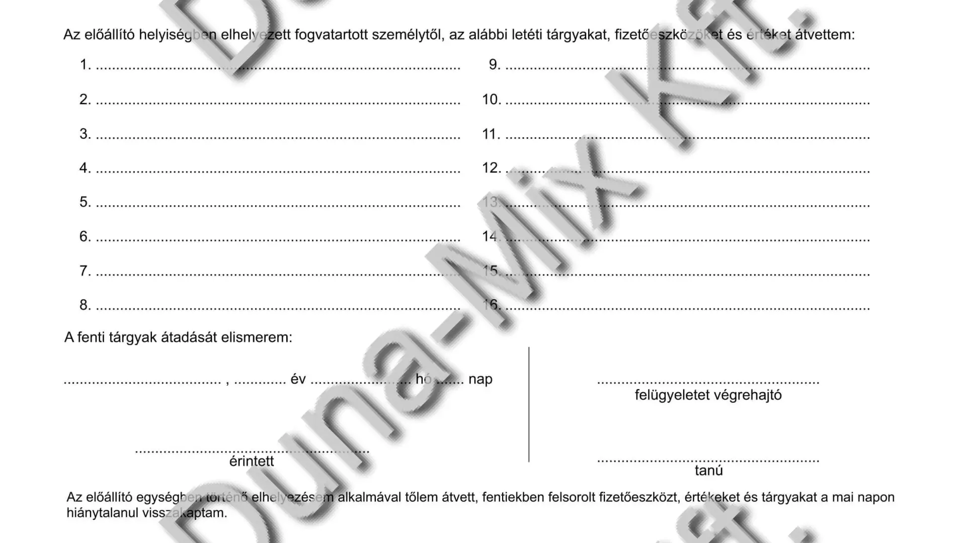 Jegyzék a letéti tárgyakról